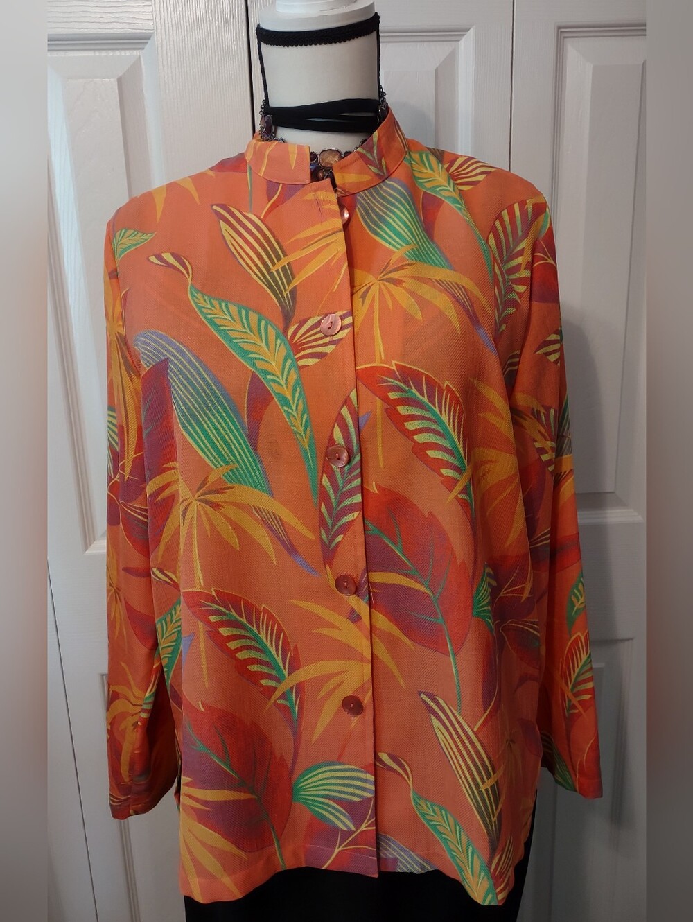 Patchington Blouse Orange Floral Design Sz Medium Button Front L/S Lightweight